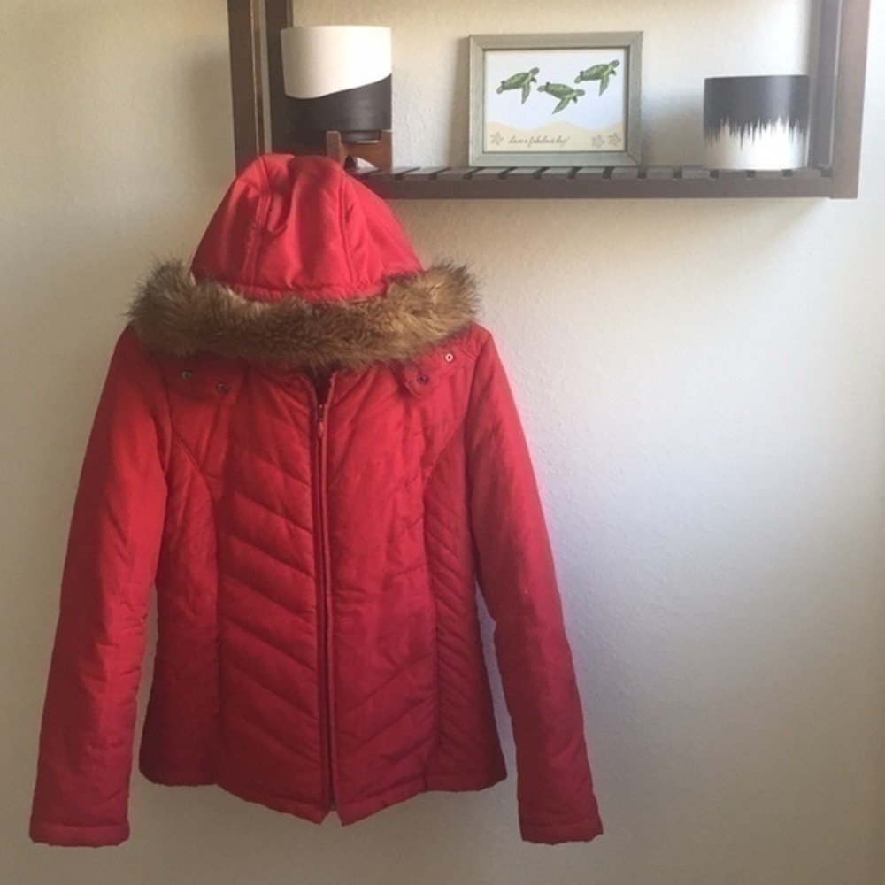 $20 SALE Puffer Down Coat Jacket Removable Hood Faux Fur Trim Winter Fall Red - Picture 8 of 8